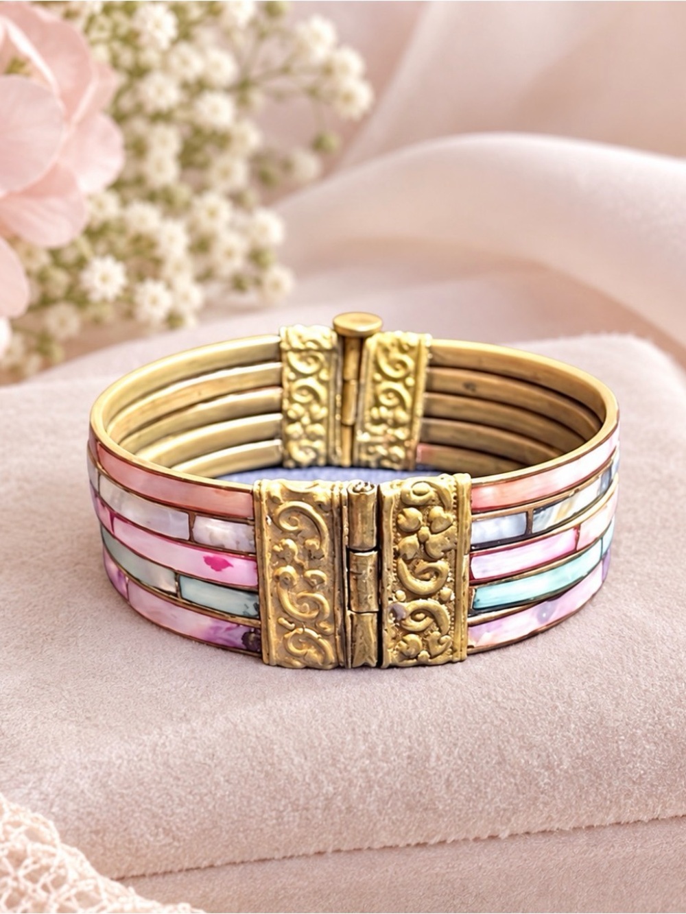 Bracelet Cuff Mother-of-Pearl Inlay Brass Vintage